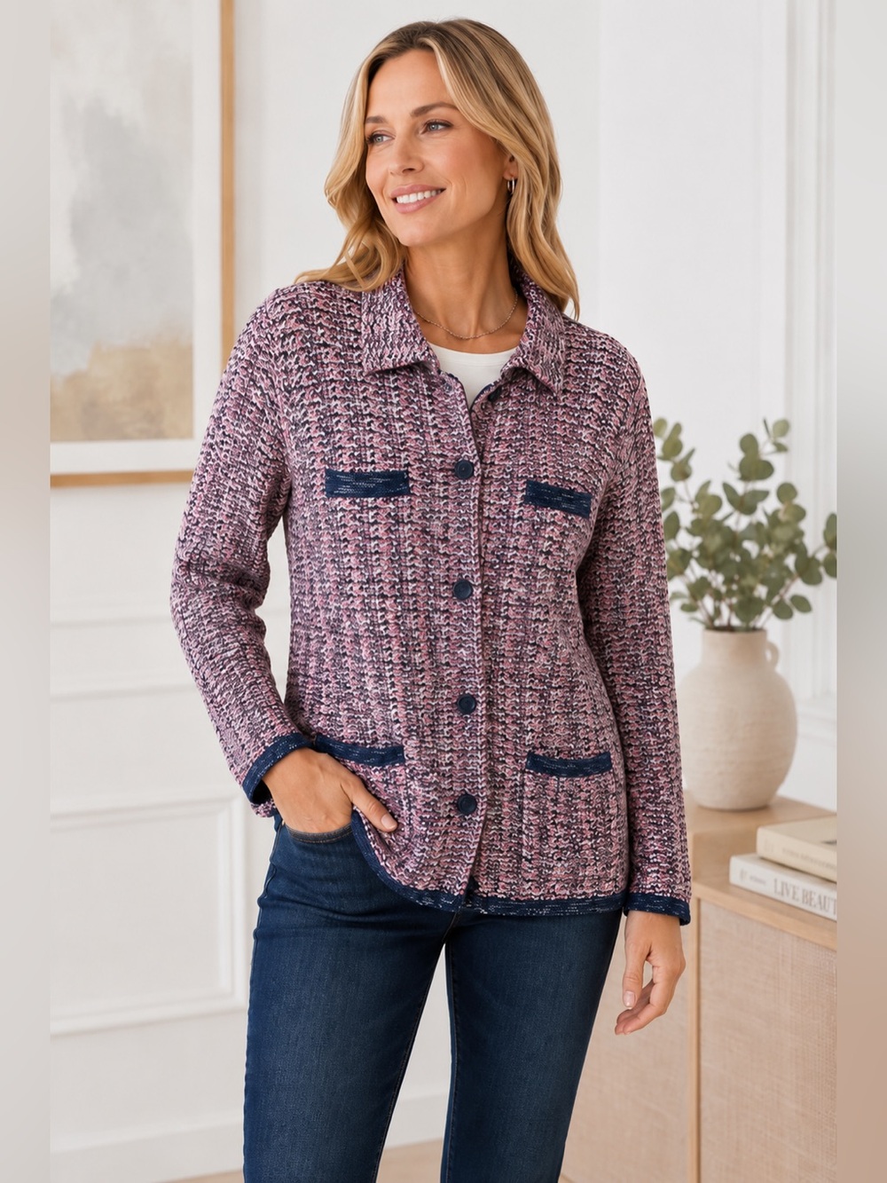 Olsen Pink Blue Tweed Button-Front Cardigan Sweater Size 38 M Lightweight